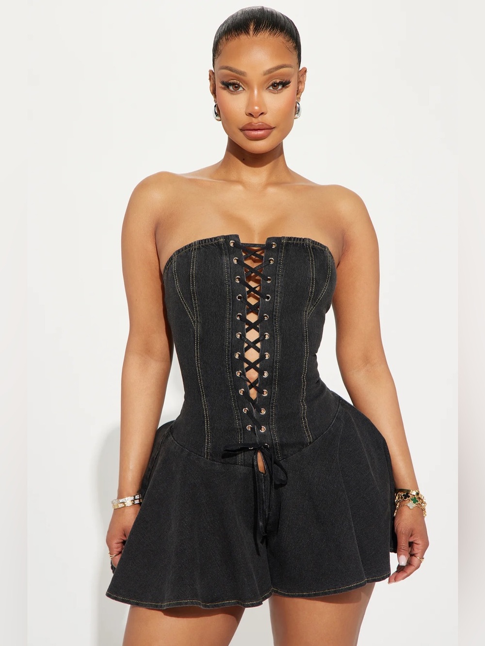 Fashion Nova Black Lace-Up Denim Corset Romper